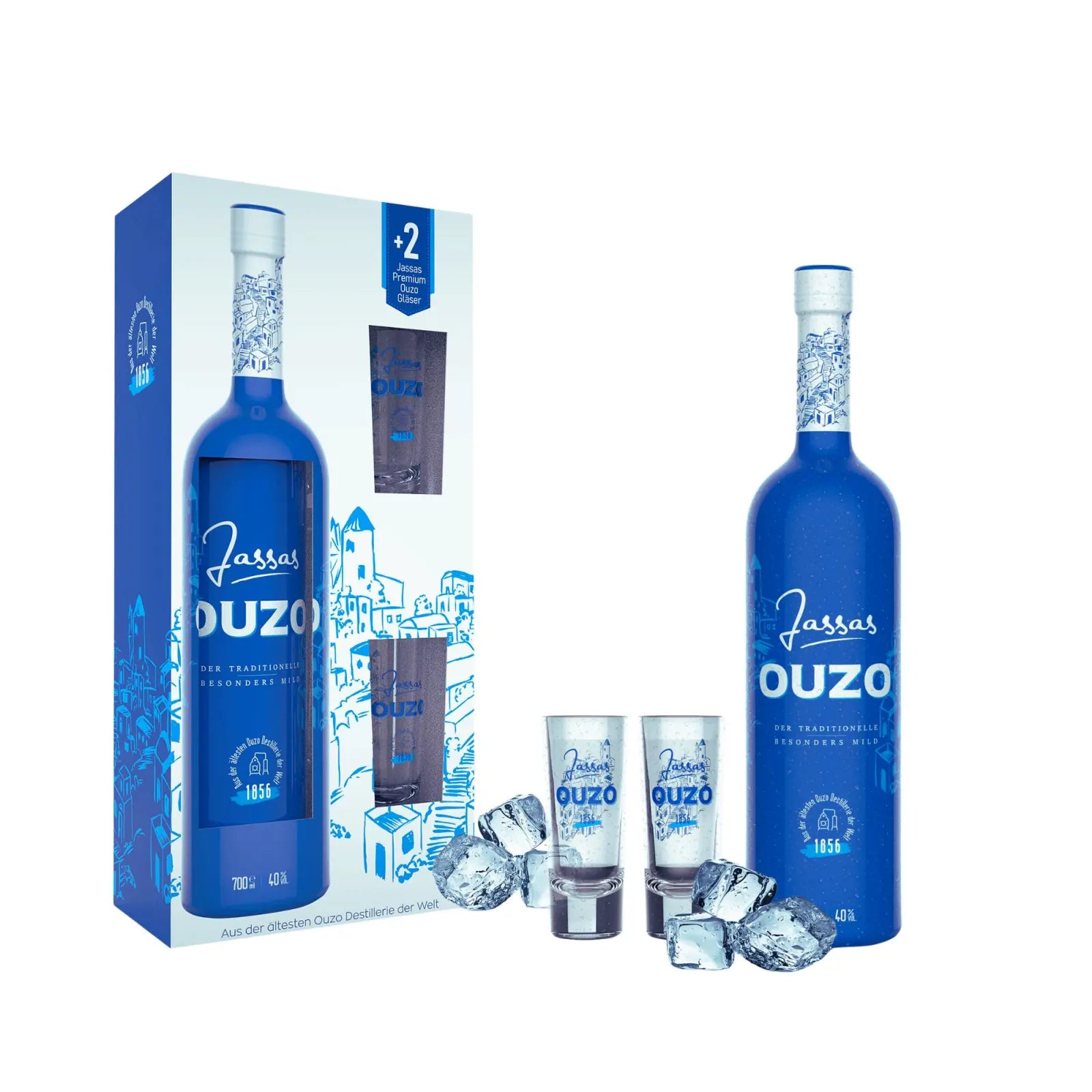 Jassas Ouzo 40 %  0,7 l+ 2 Gläser